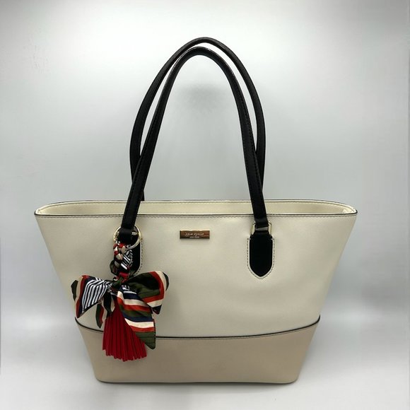 EUC Kate Spade Beige/Ivory/Black Colorblock Zip-Top Leather Tote + Bag Charm - Picture 2 of 16